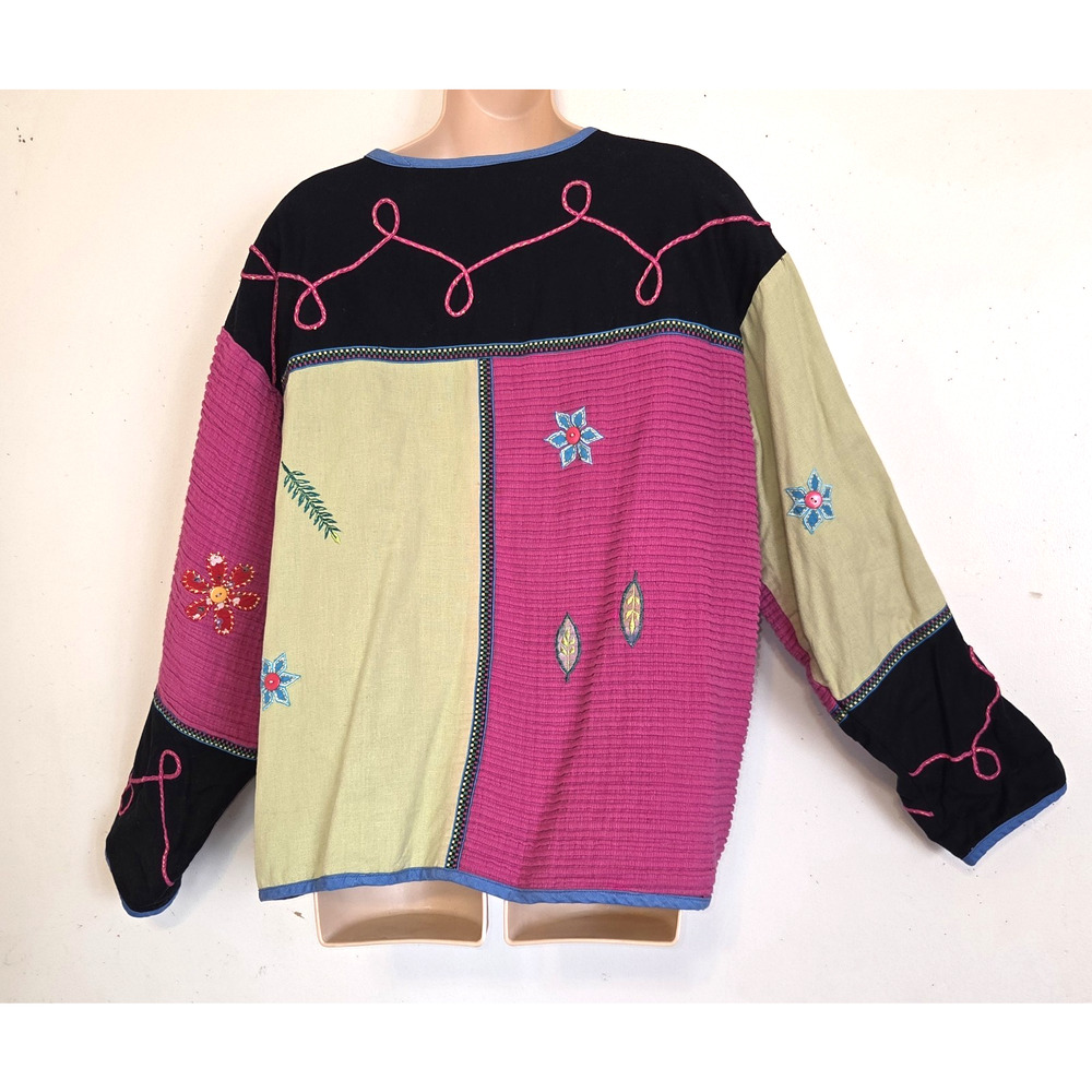 Sara Studio Plus Patchwork Jacket Top 1X Linen Blend Boho Festival Lined Artsy - Picture 10 of 16